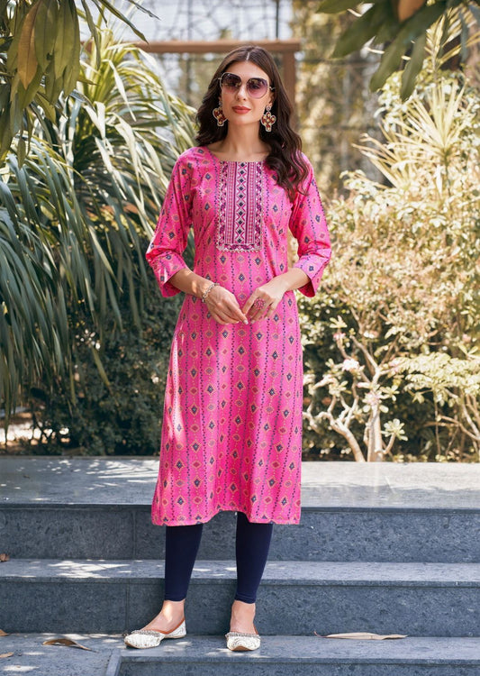 Heavy Rayon Foil Print Kurti with Heavy Sequence Work – Sizes S to 4XL