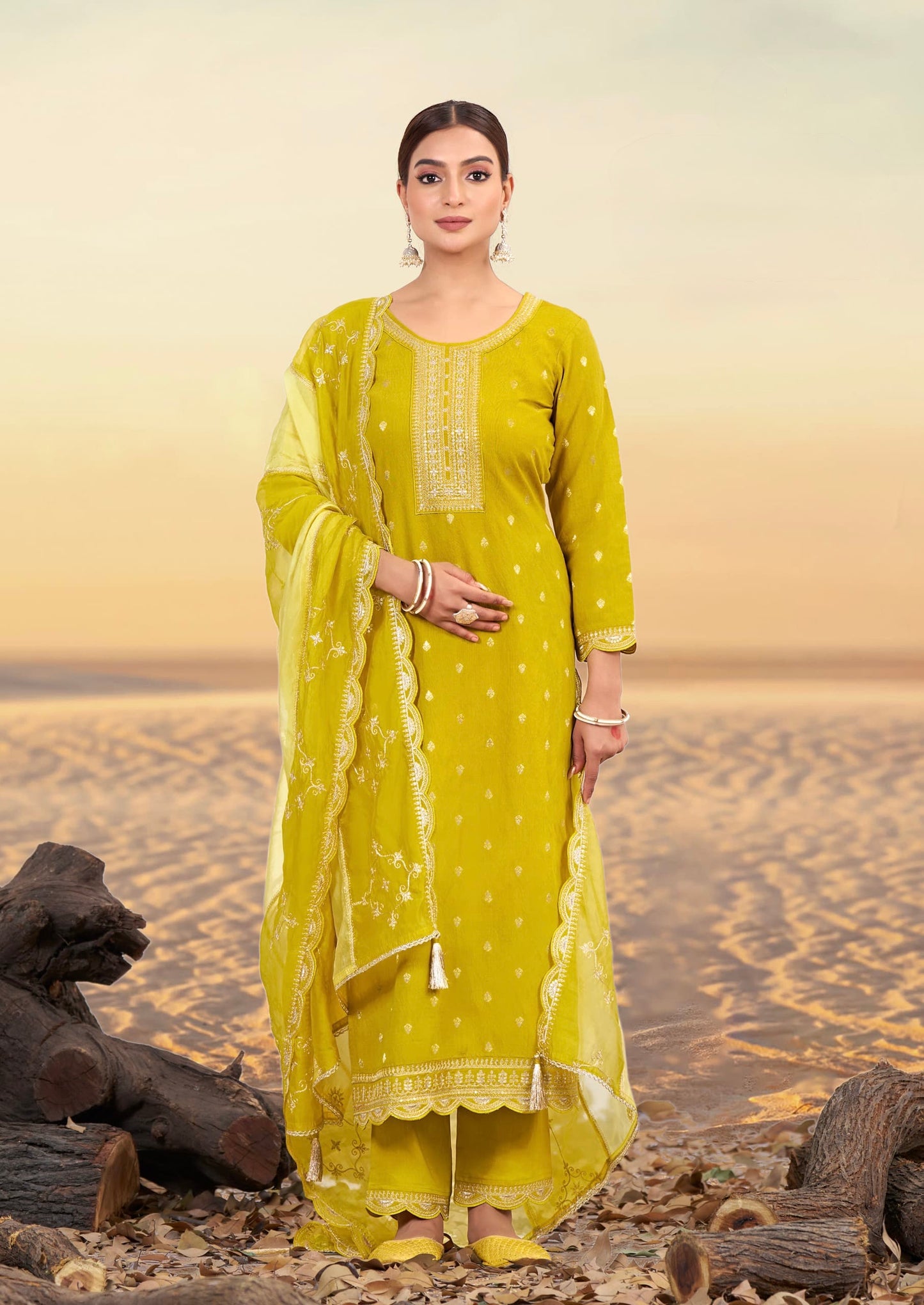 Women’s Viscose Jacquard Suit Set with Mirror Khatli Handwork and Organza Dupatta – XL to 3XL