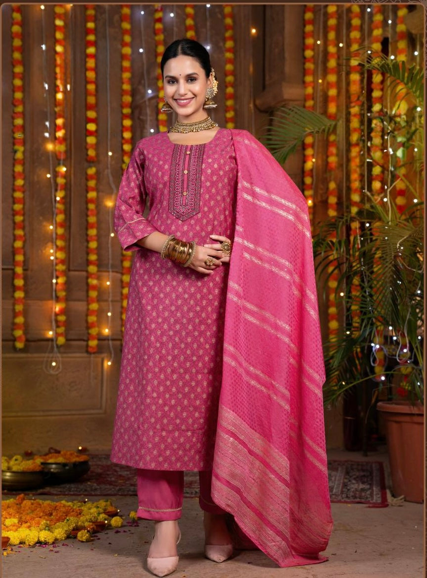 Roman Silk Straight Suit Set with Muslin Jacquard Dupatta – Women’s Plus Size Ethnic Wear