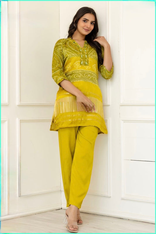 Women's Gajji Silk Bandhej Co-ord Set with Real Mirror Work and Straight Pants