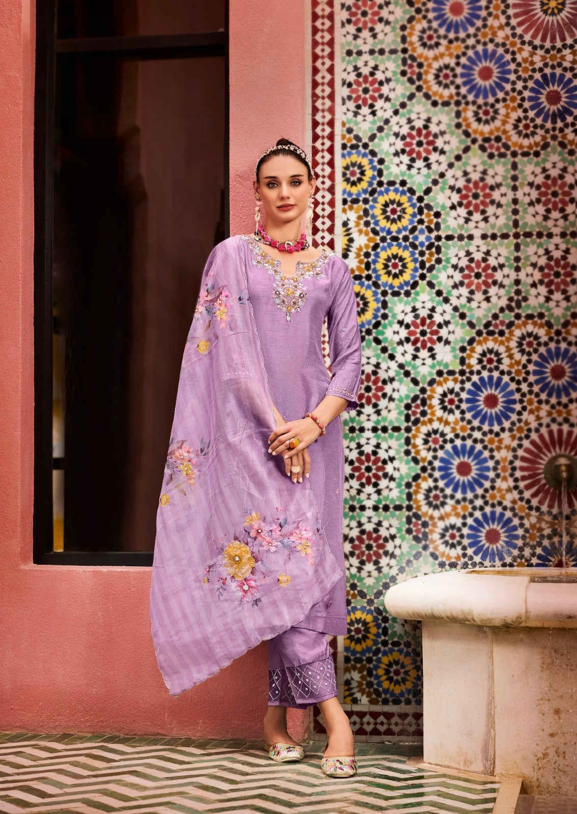 Dola Silk Kurti Pant Set with Organza Digital Print Dupatta and Heavy Handwork – Ethnic Set for Women