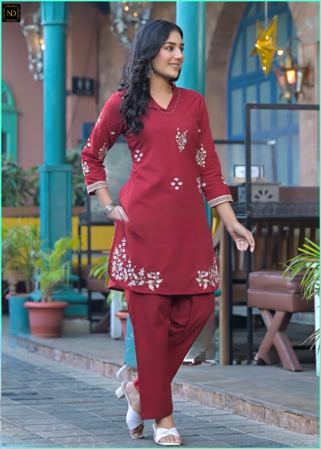 Cotton Co-ord Set for Women with Thread and Bead Embroidery – Shirt and Pant Set