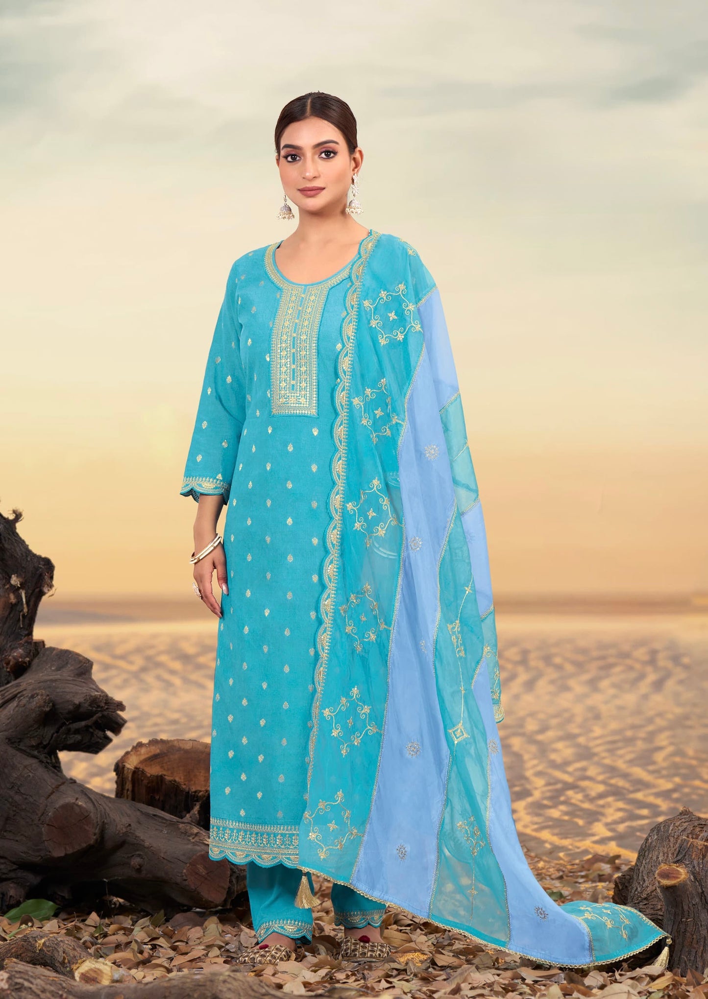 Women’s Viscose Jacquard Suit Set with Mirror Khatli Handwork and Organza Dupatta – XL to 3XL