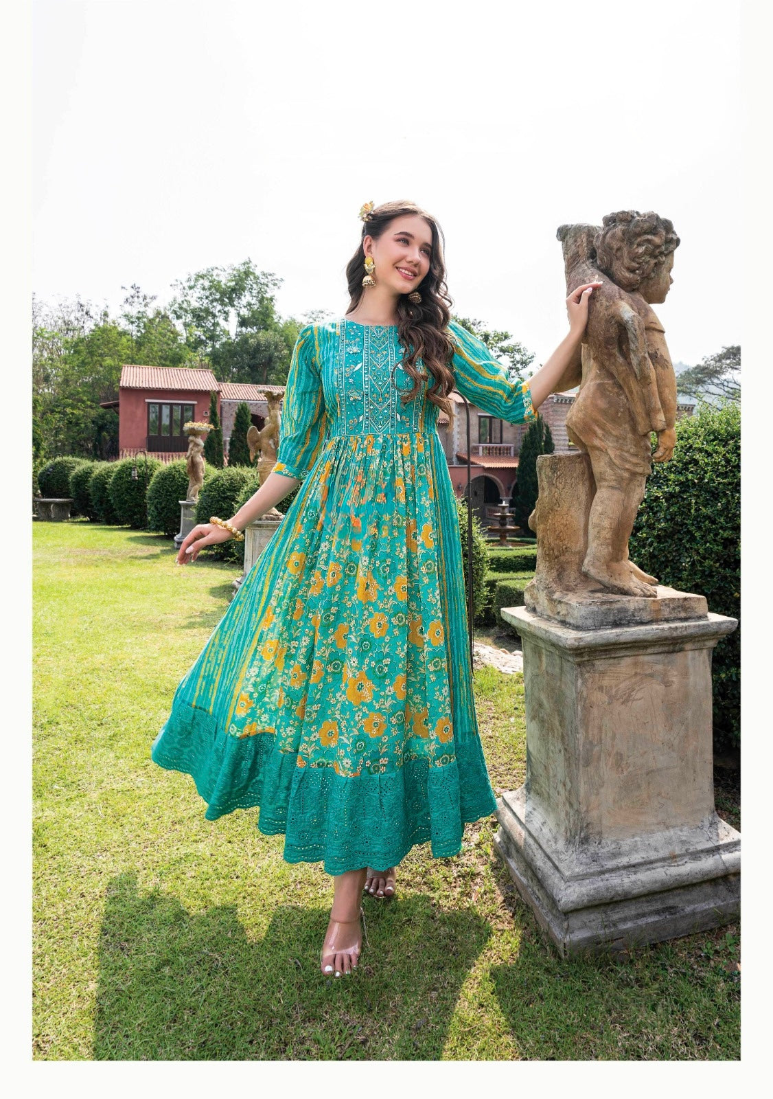 Women’s Malai Cotton Designer Gown with Digital Print and Tassel Detailing – Sizes L to 3XL