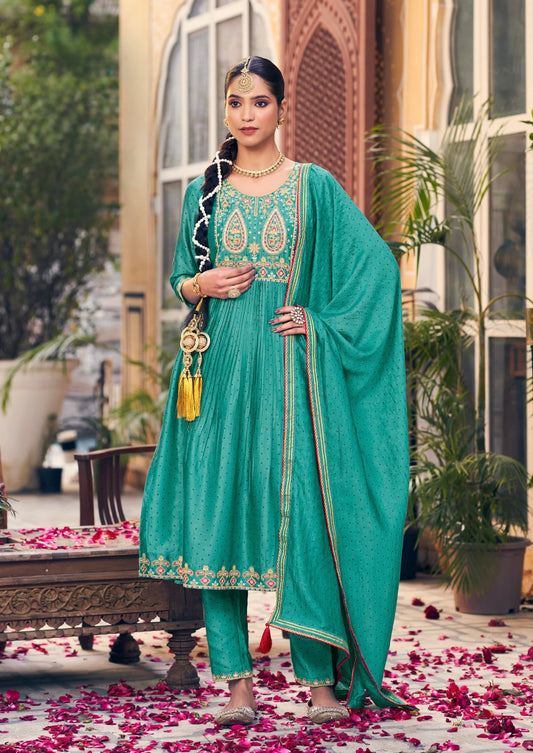 Silk Three-Piece Suit Set with Fancy Work and Ivory Print for Women – Sizes XL to 3XL