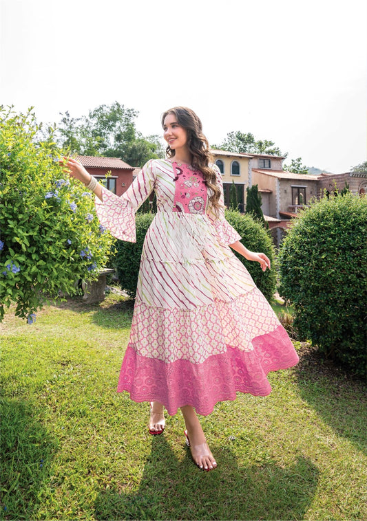 Women’s Malai Cotton Designer Gown with Digital Print and Tassel Detailing – Sizes L to 3XL