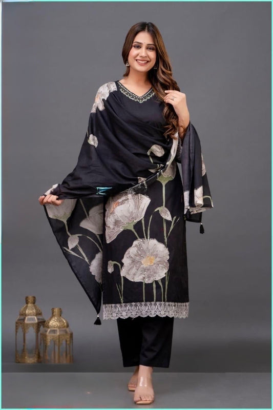 Black Cotton Suit Set with Digital Floral Print and Embroidered Neckline – Women’s Festive Wear