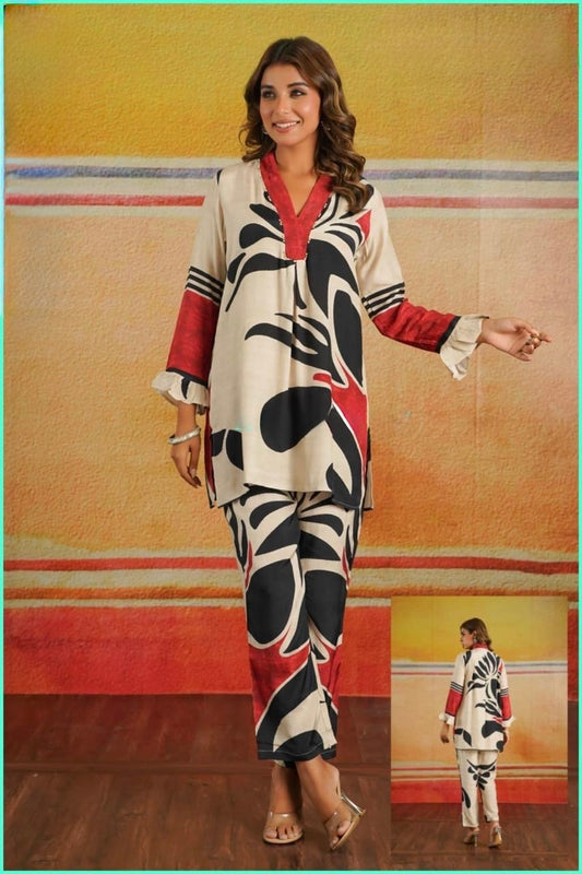Women's Crepe Co-ord Set with Digital Print, Handwork Neck, and Straight Pants