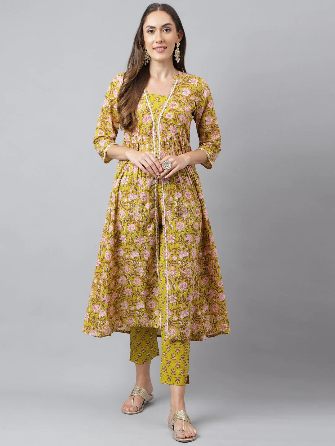 Green Cotton Floral Block Printed Gathered Kurta with Pant Set for Women