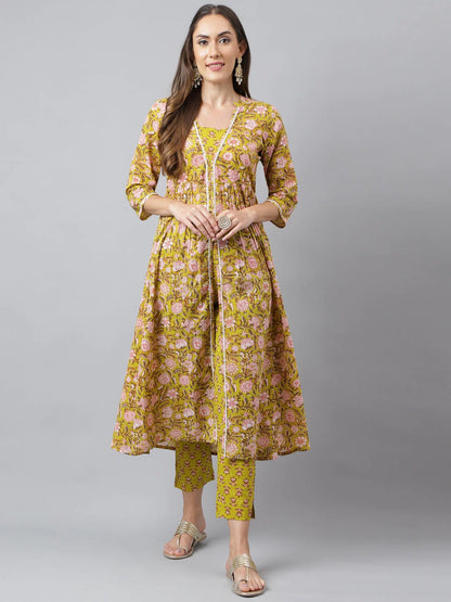 Green Cotton Floral Block Printed Gathered Kurta with Pant Set for Women