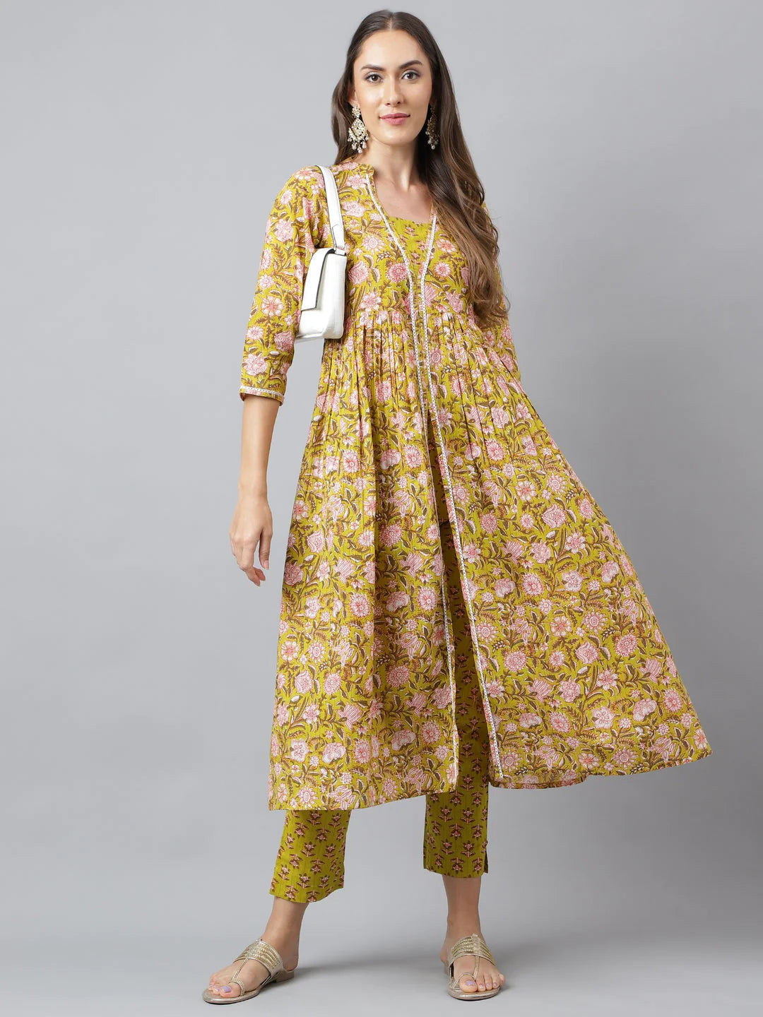 Green Cotton Floral Block Printed Gathered Kurta with Pant Set for Women