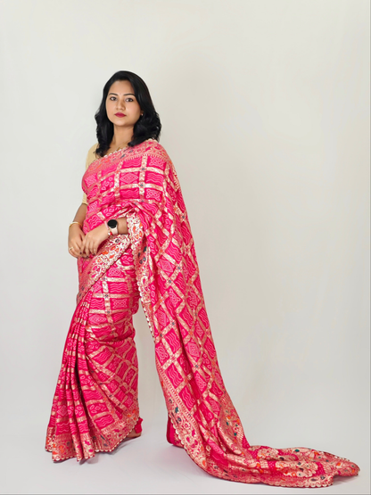 Viscose Silk Bandej Saree with Meenakari Weaving, Heavy Pallu and Lace Border – Festive Wear