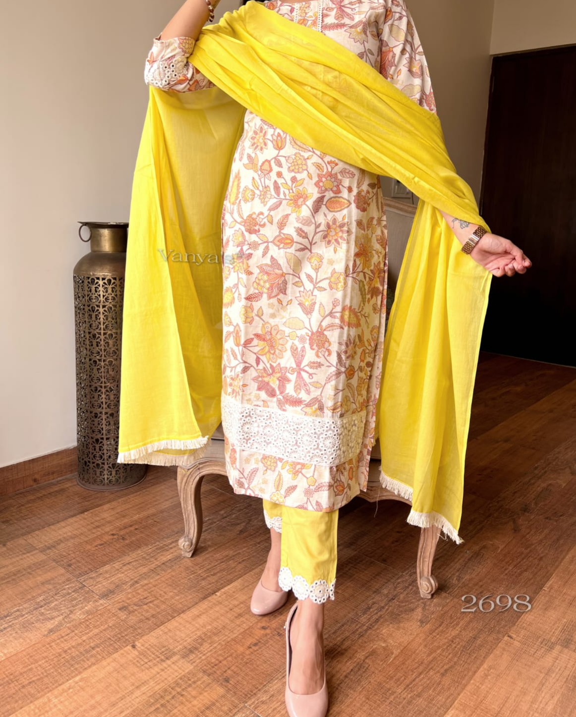 Handloom Cotton Hand Block Printed Kurta Pant Dupatta Suit Set with Organza Lace – Women’s Sizes 38 to 46