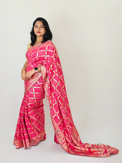 Viscose Silk Bandej Saree with Meenakari Weaving, Heavy Pallu and Lace Border – Festive Wear