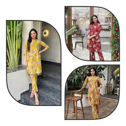 Pure Cambric Cotton Co-Ord Set with Pleated Top and Matching Bottom – Autumn Wear for Women (M to 3XL)