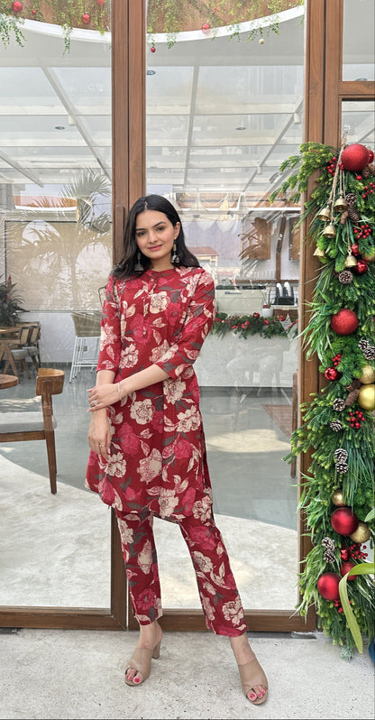 Pure Cambric Cotton Co-Ord Set with Pleated Top and Matching Bottom – Autumn Wear for Women (M to 3XL)