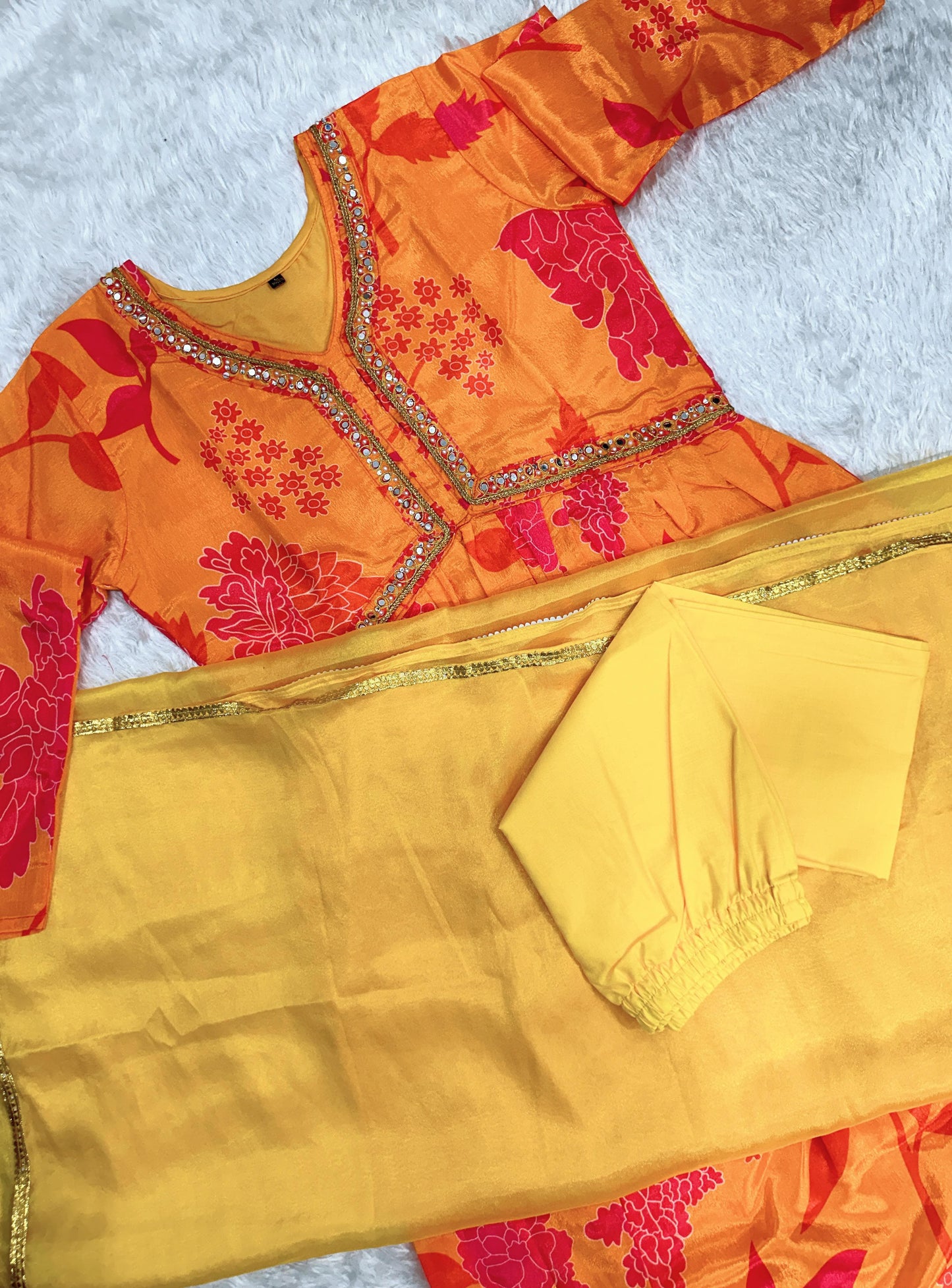 Yellow Chinnon Alia Cut Gown with Dori, Pearl, and Daliya Work and Dupatta for Women