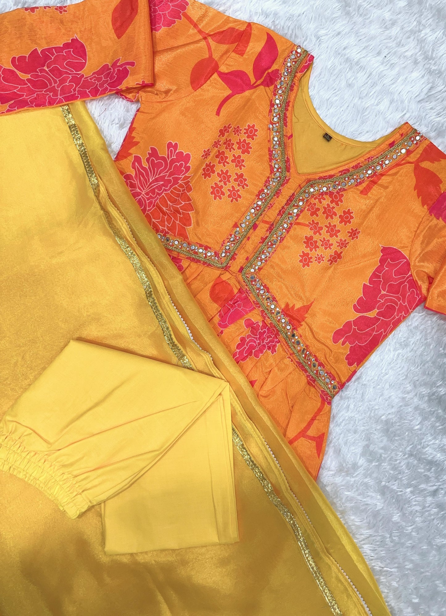 Yellow Chinnon Alia Cut Gown with Dori, Pearl, and Daliya Work and Dupatta for Women