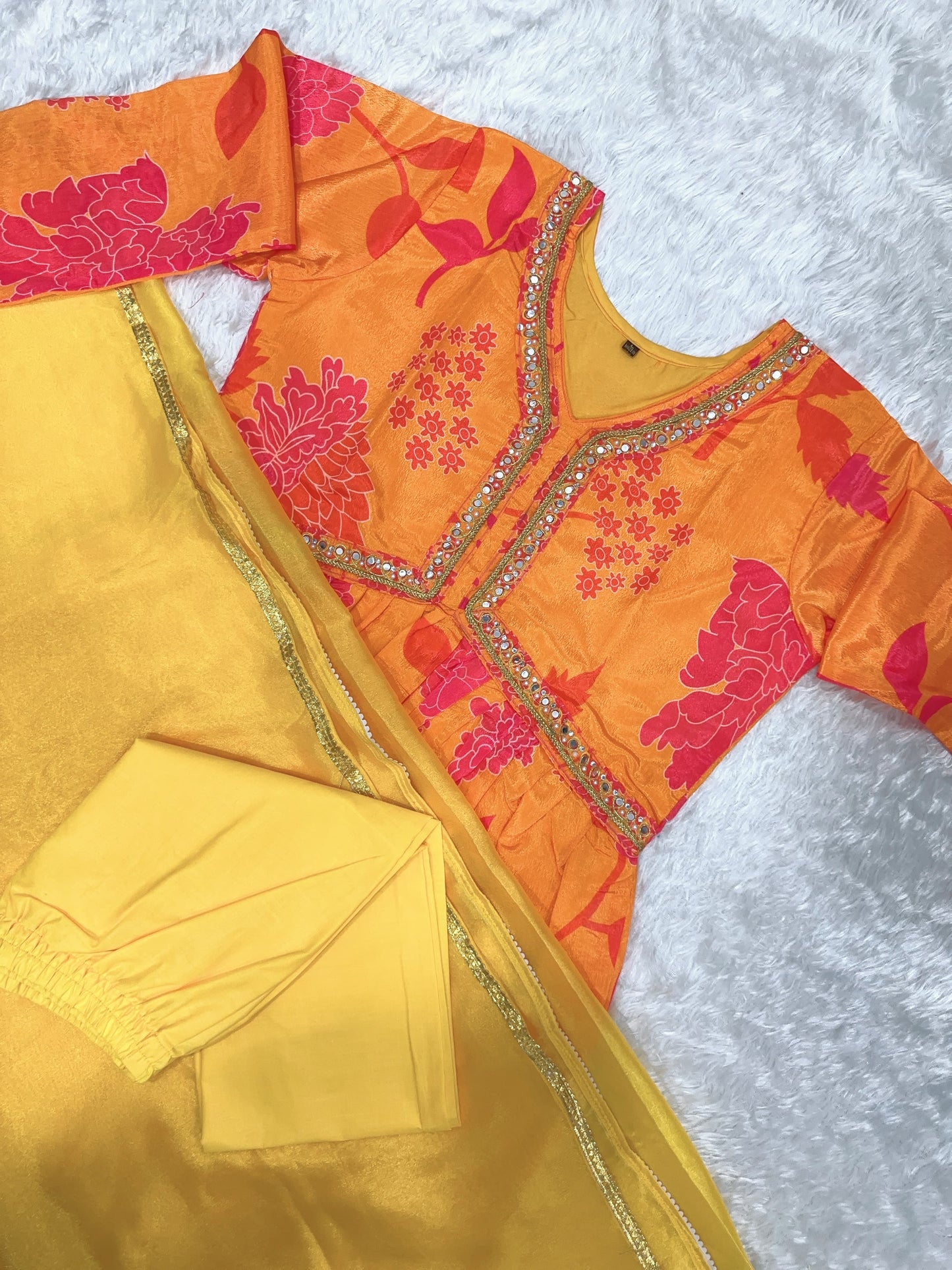 Yellow Chinnon Alia Cut Gown with Dori, Pearl, and Daliya Work and Dupatta for Women