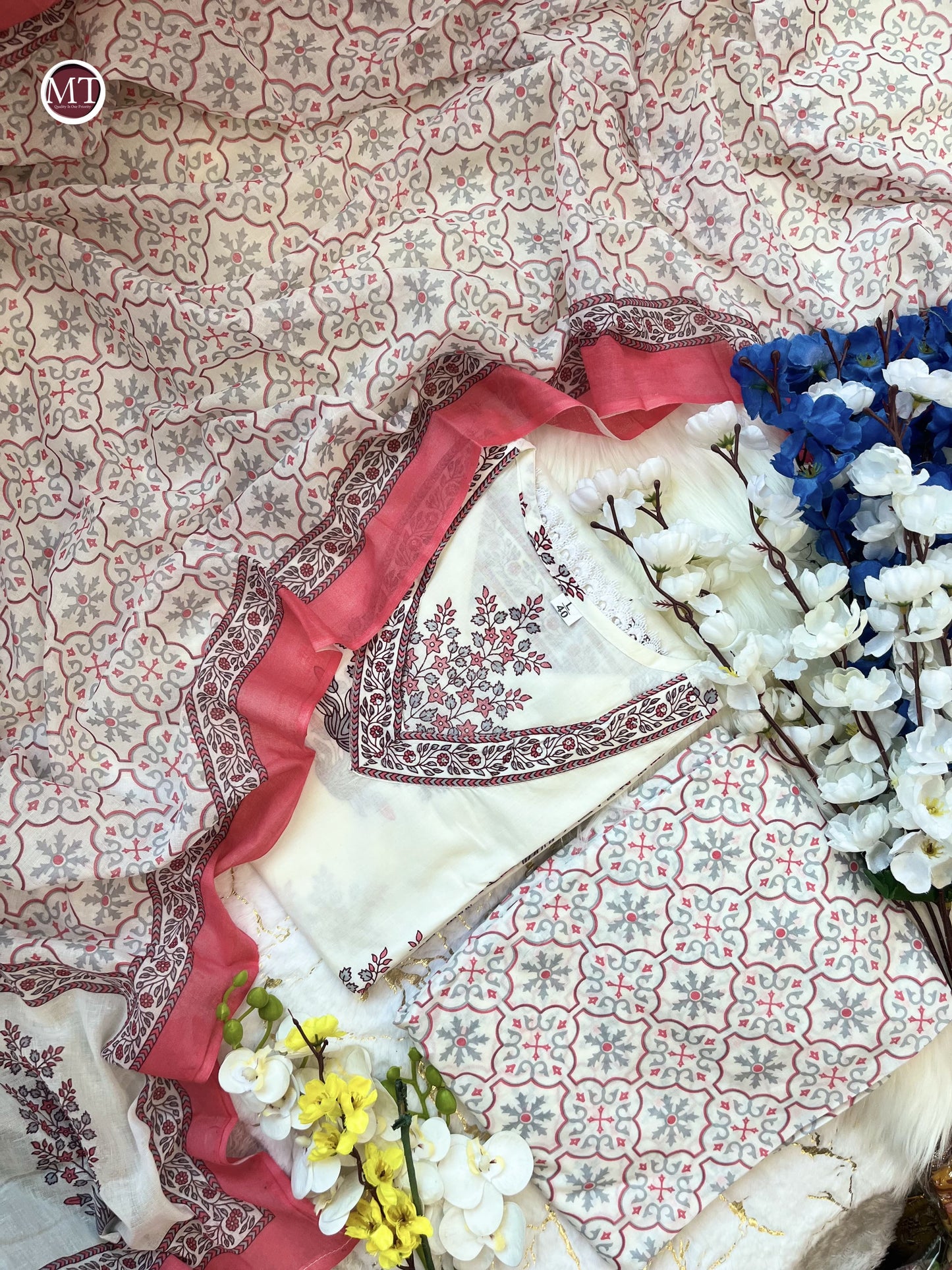 Pink and White Cotton Afghani Suit Set with Embroidery and Dupatta for Women