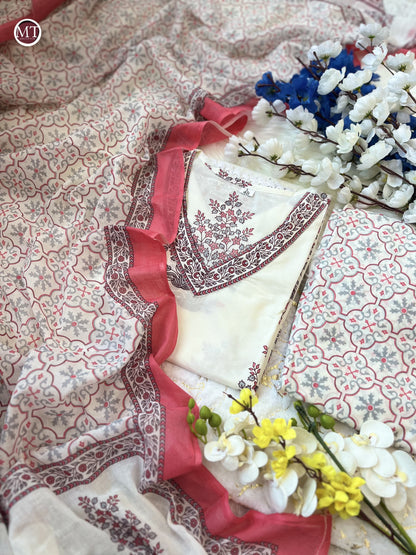 Pink and White Cotton Afghani Suit Set with Embroidery and Dupatta for Women