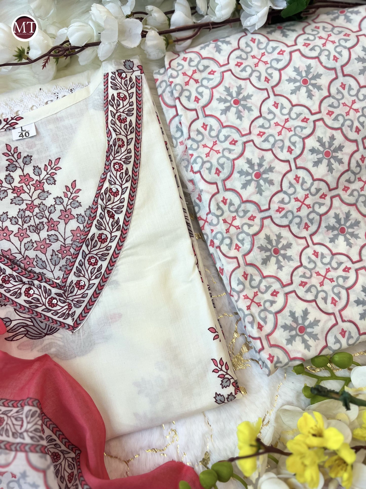 Pink and White Cotton Afghani Suit Set with Embroidery and Dupatta for Women