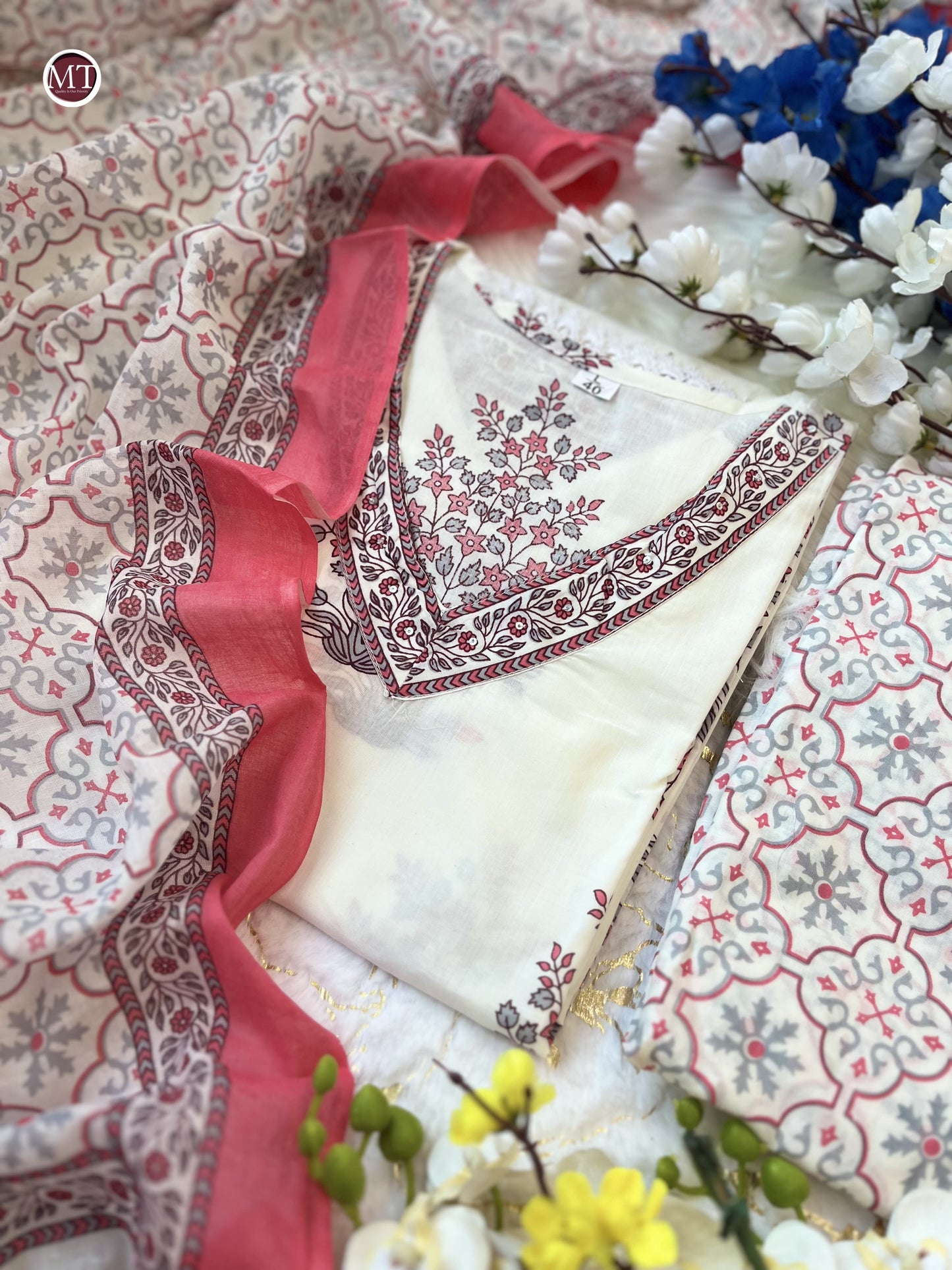 Pink and White Cotton Afghani Suit Set with Embroidery and Dupatta for Women