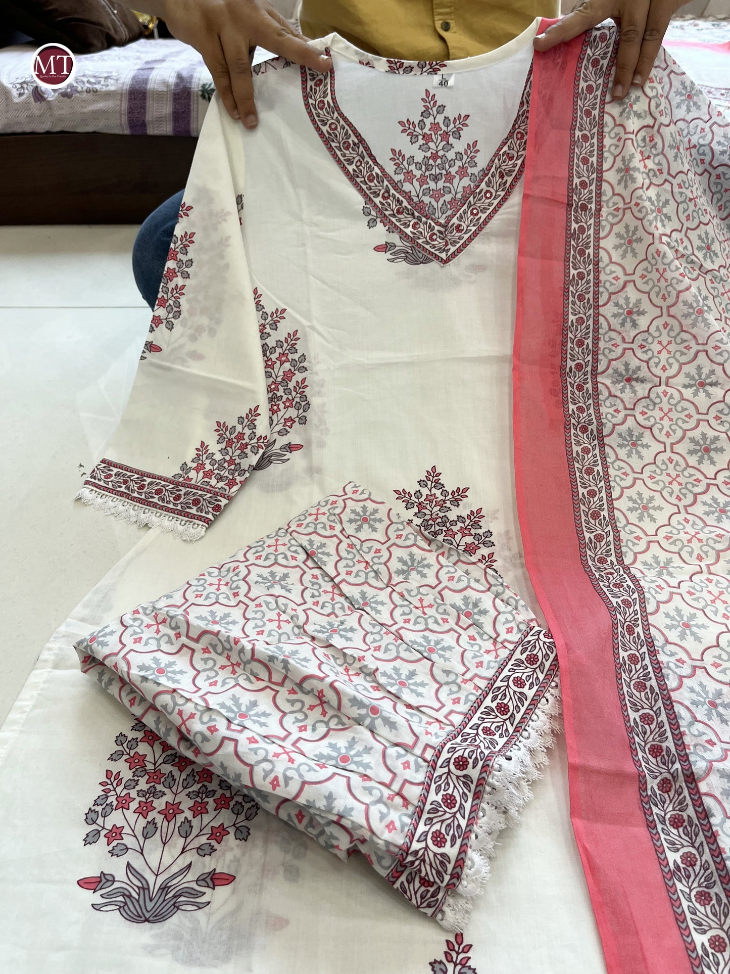 Pink and White Cotton Afghani Suit Set with Embroidery and Dupatta for Women