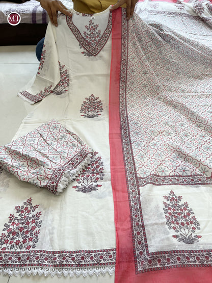 Pink and White Cotton Afghani Suit Set with Embroidery and Dupatta for Women