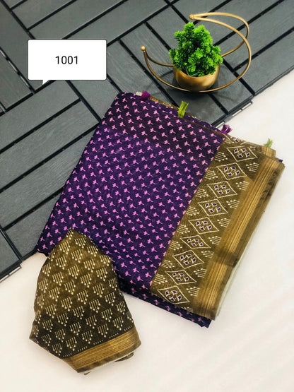 Madhu Cotton Saree with Weaving Zari Border, Ikkat Print, Contrast Pallu with Tassels, and Blouse