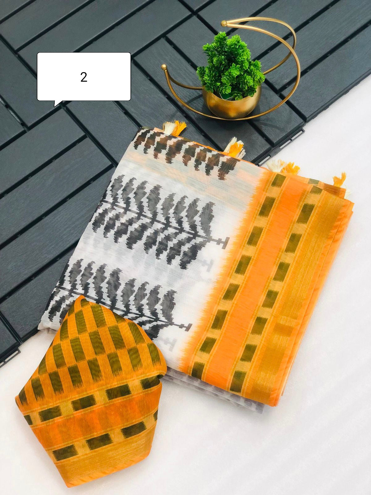 Madhu Cotton Saree with Weaving Zari Border, Ikkat Print, Contrast Pallu with Tassels, and Blouse