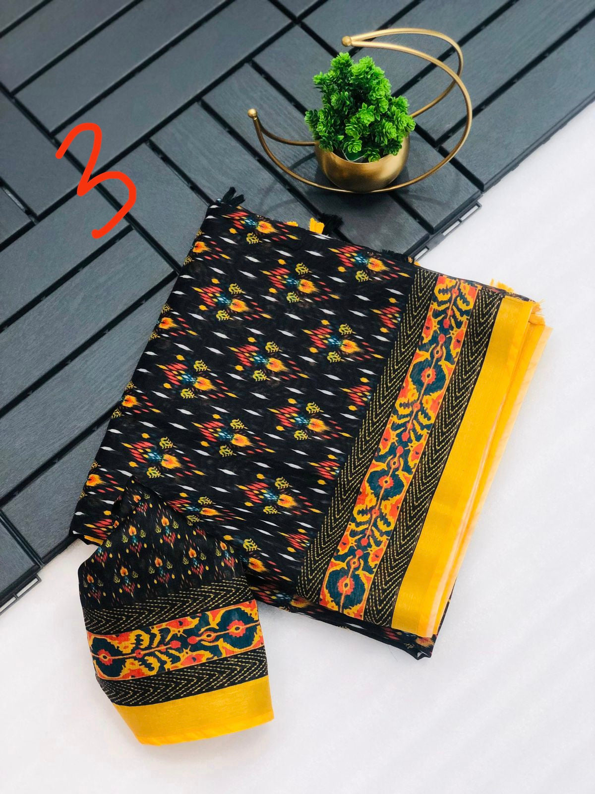 Madhu Cotton Saree with Weaving Zari Border, Ikkat Print, Contrast Pallu with Tassels, and Blouse