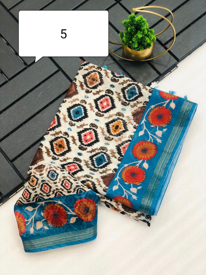 Madhu Cotton Saree with Weaving Zari Border, Ikkat Print, Contrast Pallu with Tassels, and Blouse