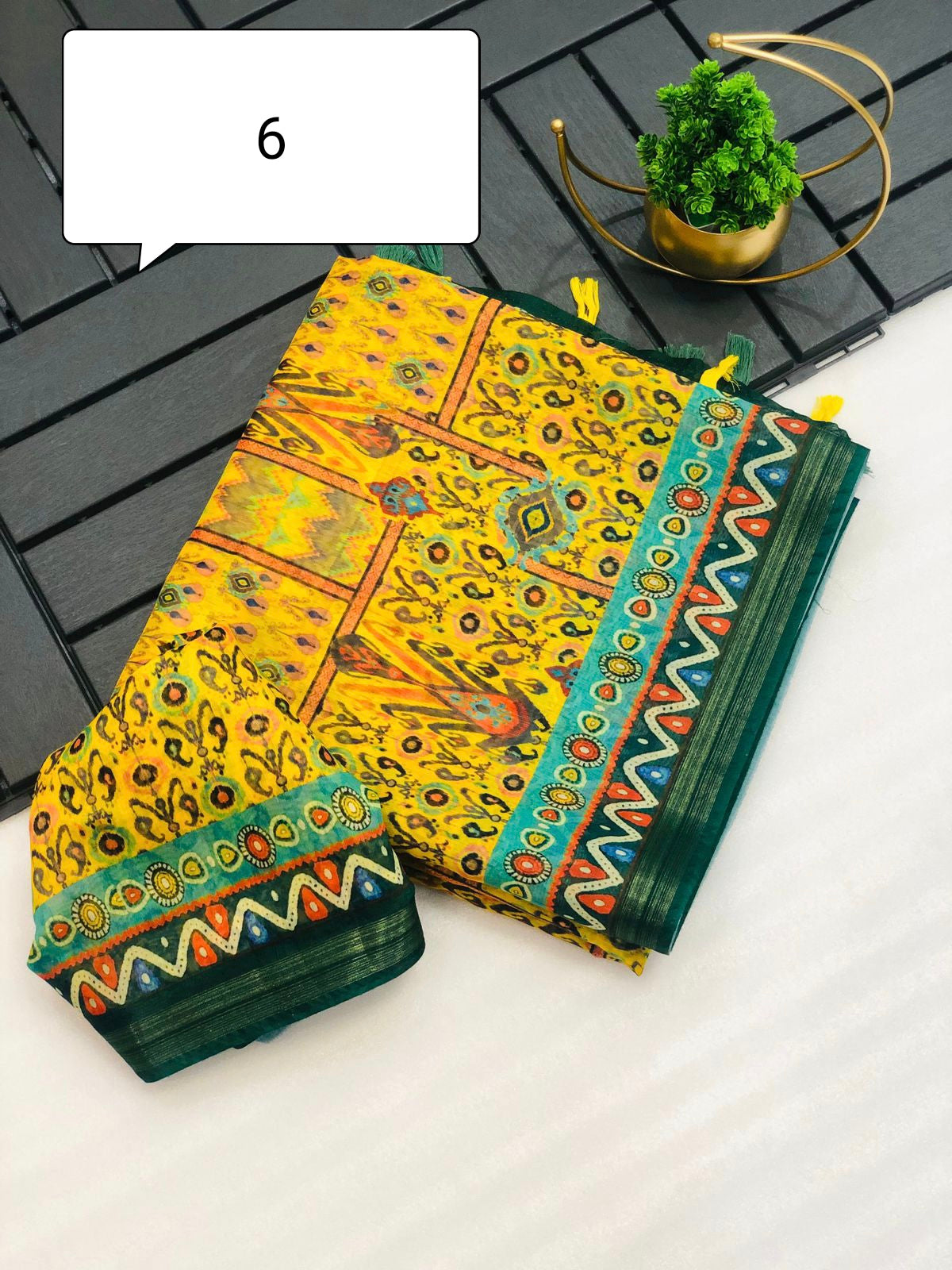 Madhu Cotton Saree with Weaving Zari Border, Ikkat Print, Contrast Pallu with Tassels, and Blouse