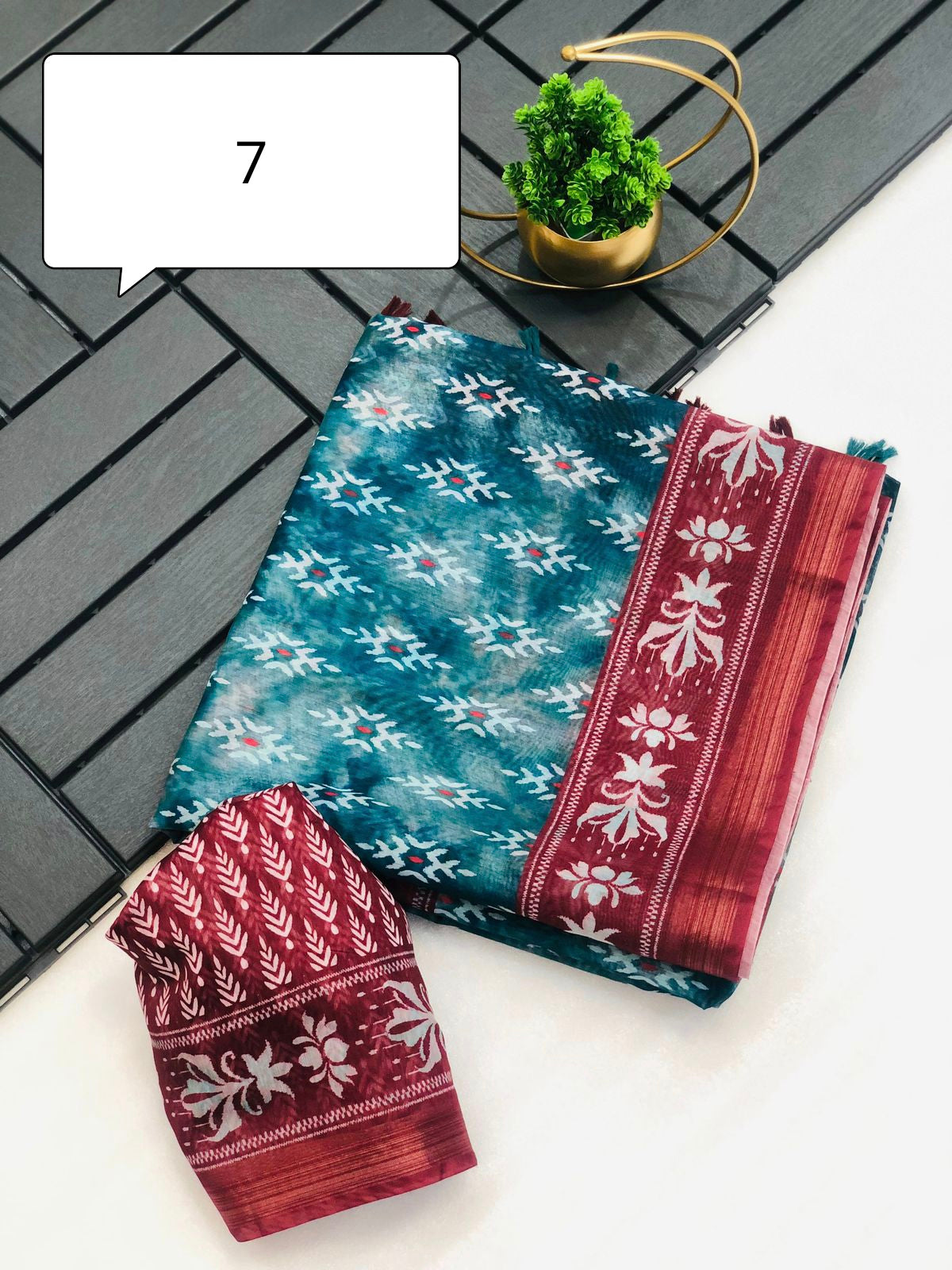 Madhu Cotton Saree with Weaving Zari Border, Ikkat Print, Contrast Pallu with Tassels, and Blouse