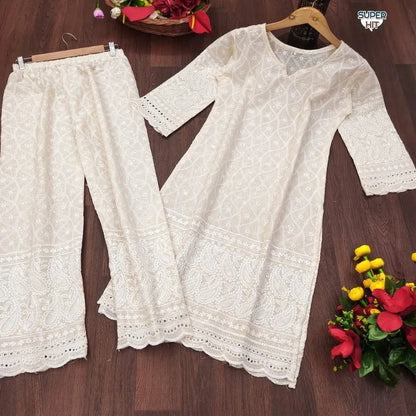 White Cotton Chikankari Kurti with Pant Set for Women – Lakhnavi Embroidery