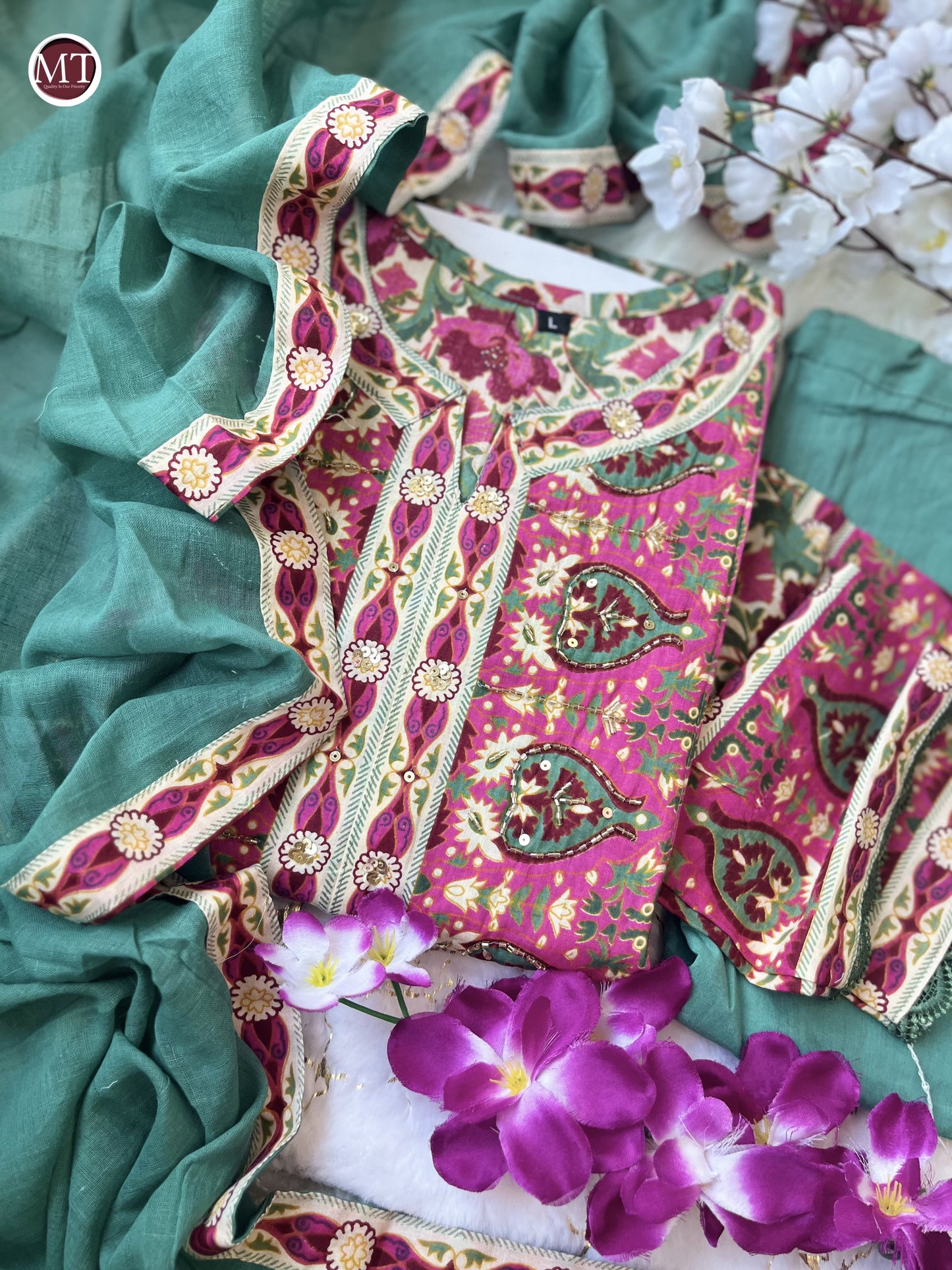 Pure Cotton 60x60 Voluminous Anarkali Suit Set with Hand Embroidery, Zari Weaving & Lace Dupatta – Sizes M & 2XL