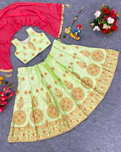 Girls’ Diamond Satin Lehenga Choli with Embroidery Work Blouse and Candy Chiffon Dupatta – Stitched Kids Ethnic Wear