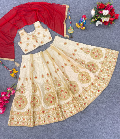 Girls’ Diamond Satin Lehenga Choli with Embroidery Work Blouse and Candy Chiffon Dupatta – Stitched Kids Ethnic Wear