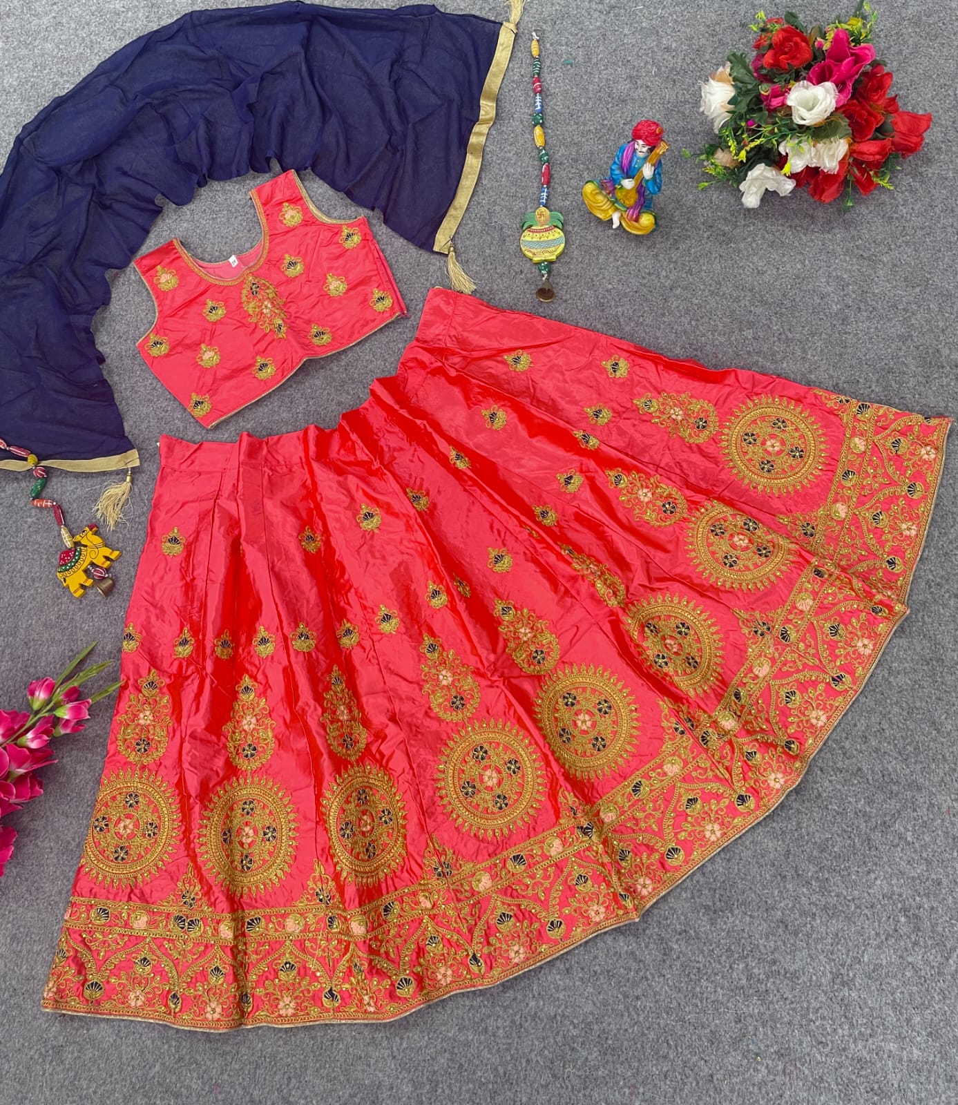 Girls’ Diamond Satin Lehenga Choli with Embroidery Work Blouse and Candy Chiffon Dupatta – Stitched Kids Ethnic Wear