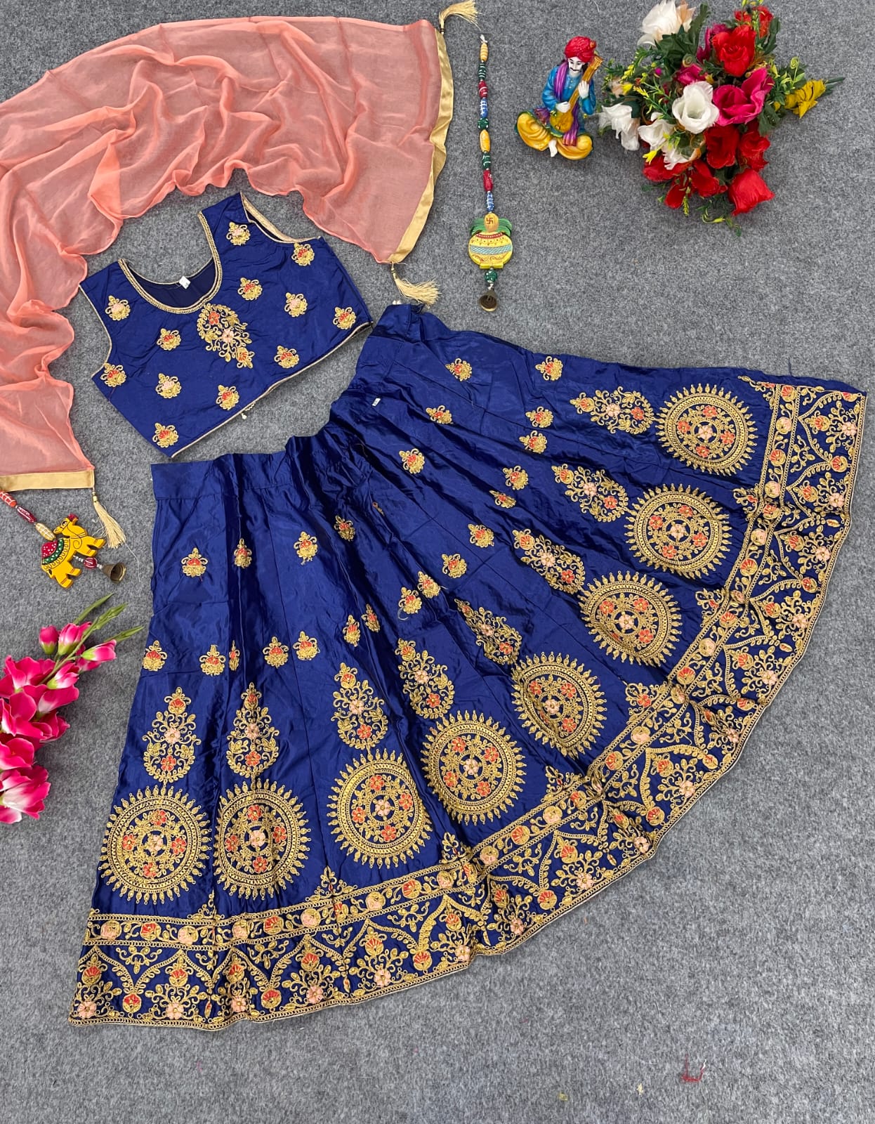 Girls’ Diamond Satin Lehenga Choli with Embroidery Work Blouse and Candy Chiffon Dupatta – Stitched Kids Ethnic Wear