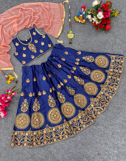 Girls’ Diamond Satin Lehenga Choli with Embroidery Work Blouse and Candy Chiffon Dupatta – Stitched Kids Ethnic Wear