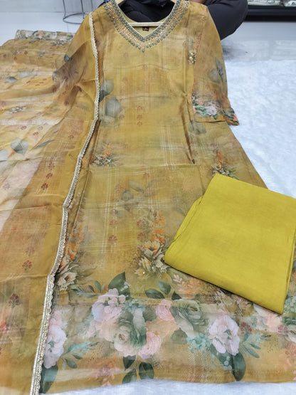 Heavy Organza Kurti with Intricate Neck Work, Silk Pant & Matching Dupatta – Sizes L & 2XL