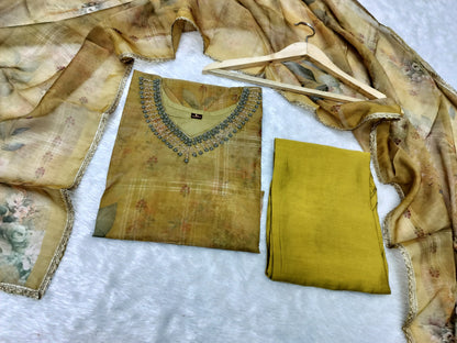 Heavy Organza Kurti with Intricate Neck Work, Silk Pant & Matching Dupatta – Sizes L & 2XL