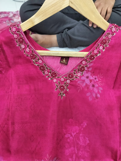 Heavy Organza Kurti with Intricate Neck Work, Silk Pant & Matching Dupatta – Size M