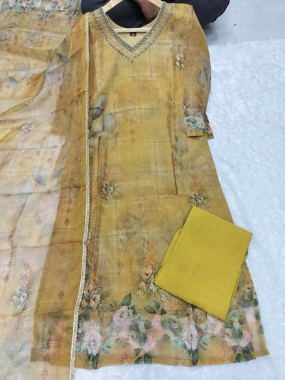 Heavy Organza Kurti with Intricate Neck Work, Silk Pant & Matching Dupatta – Sizes L & 2XL