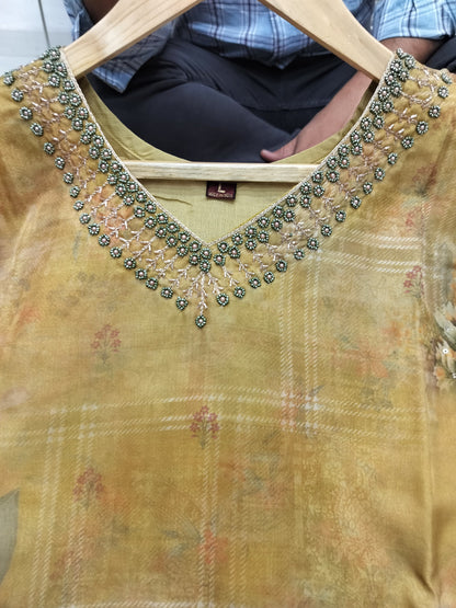 Heavy Organza Kurti with Intricate Neck Work, Silk Pant & Matching Dupatta – Sizes L & 2XL