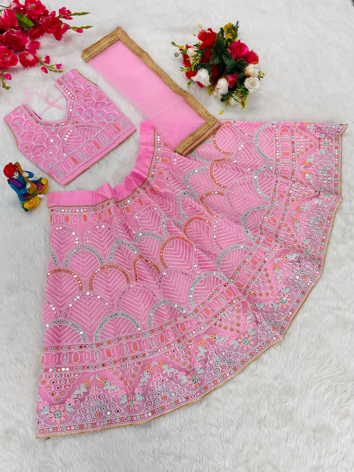 Girls’ Mono Net Lehenga Choli with Tone-to-Tone Coding Embroidery and Dupatta – Kids Party Wear