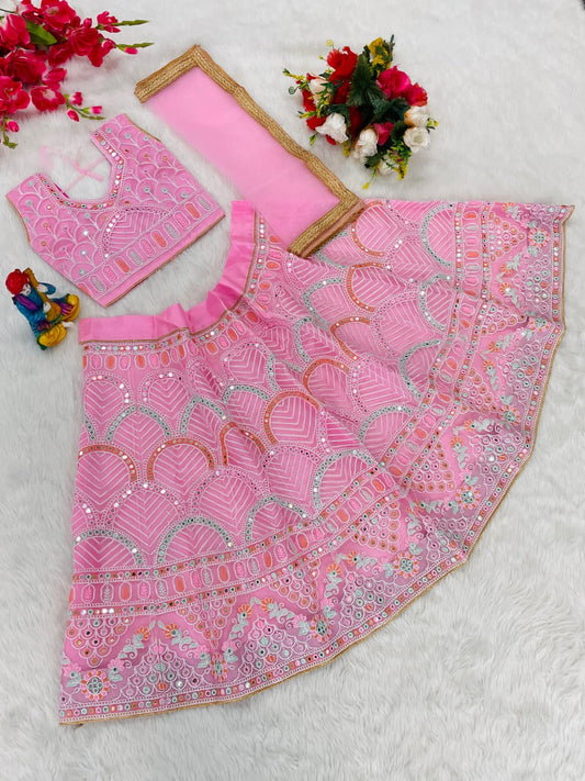 Girls’ Mono Net Lehenga Choli with Tone-to-Tone Coding Embroidery and Dupatta – Kids Party Wear