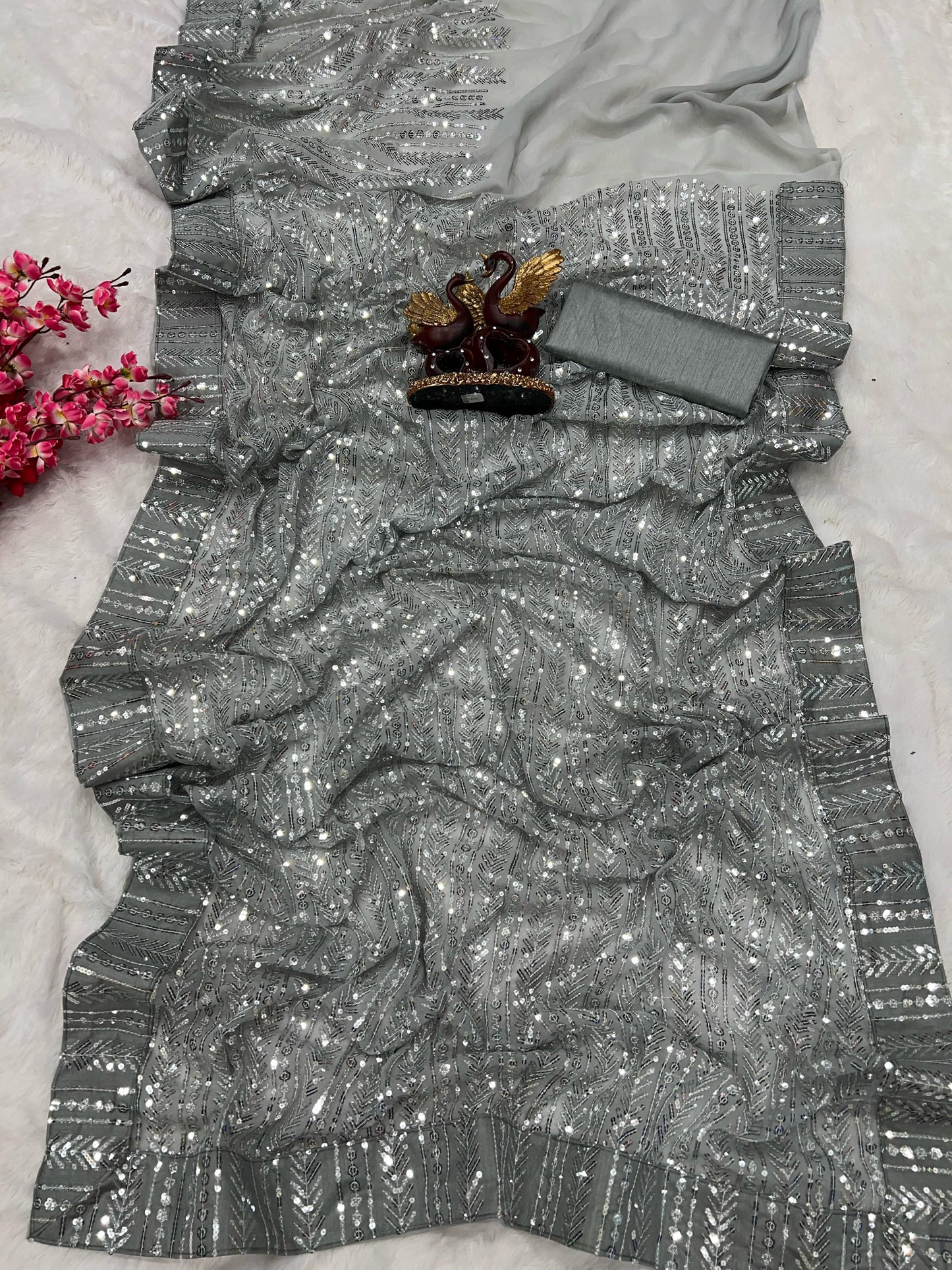 Women’s Soft Georgette Saree with Double Run Sequins Embroidery, Lace Border and Heavy Blouse